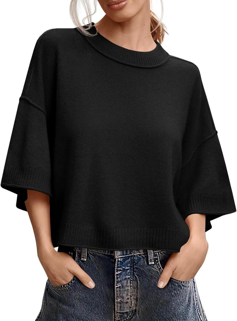 Saodimallsu Womens Short Sleeve Sweater Summer Oversized Cropped Sweaters Casual Crewneck Lightweight Knit Tops (Small, Black)