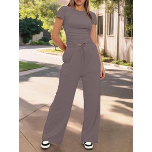 Women's 2 Piece Lounge Set Ruched Short Sleeve Tops High Waisted Wide Leg Pants,Medium