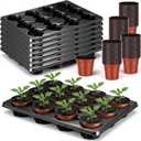 Baderke 96 Pcs 4 inch Seedling Pots and 8 Pcs 12 Cell Reusable Plastic Nursery Pots Trays Thick Sturdy Seeds Starting Germination Carrying Trays Black Small Planter Nursery Propagation 8 Sets(Red), 19.61 x 14.69 x 2.24 inches
