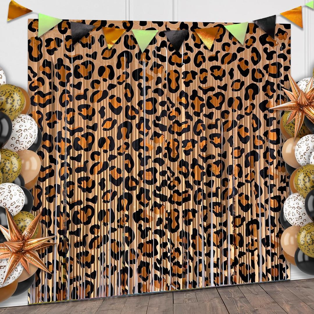 Cheetah Print Foil Fringe Curtains Birthday Decorations, 2 Pack 3.28 x 6.56 Ft Leopard Print Fringe Backdrop Cheetah Photo Booth Props Animal Birthday Party Decorations Favor Supplies