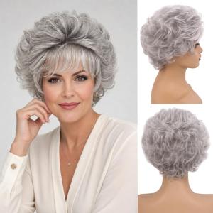 Short Curly Wigs for Women Heat Resistant Synthetic Hair Wave Womens Wigs (Grey)