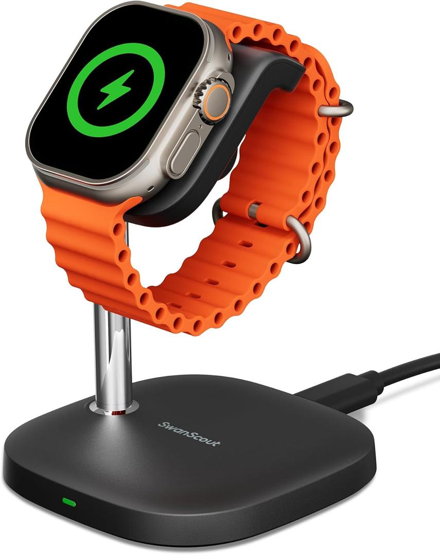 Watch Charger Stand for Apple Watch, Fast Charging for Apple Watch 10/Ultra 2/Ultra/9/8/7/6/5/4/3/SE 2, Compatible with Airpods 4/Airpods Pro 2, SwanScout 505A