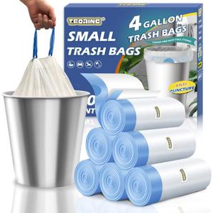 Small Trash Bags 4 Gallon with Drawstring, 1.1 Mil 15 Liter White Thick Unscented Small Plastic Garbage Bags for Bathroom, Wastebasket Liners for Toilet Home Office and Bedroom (4 Gal-120)