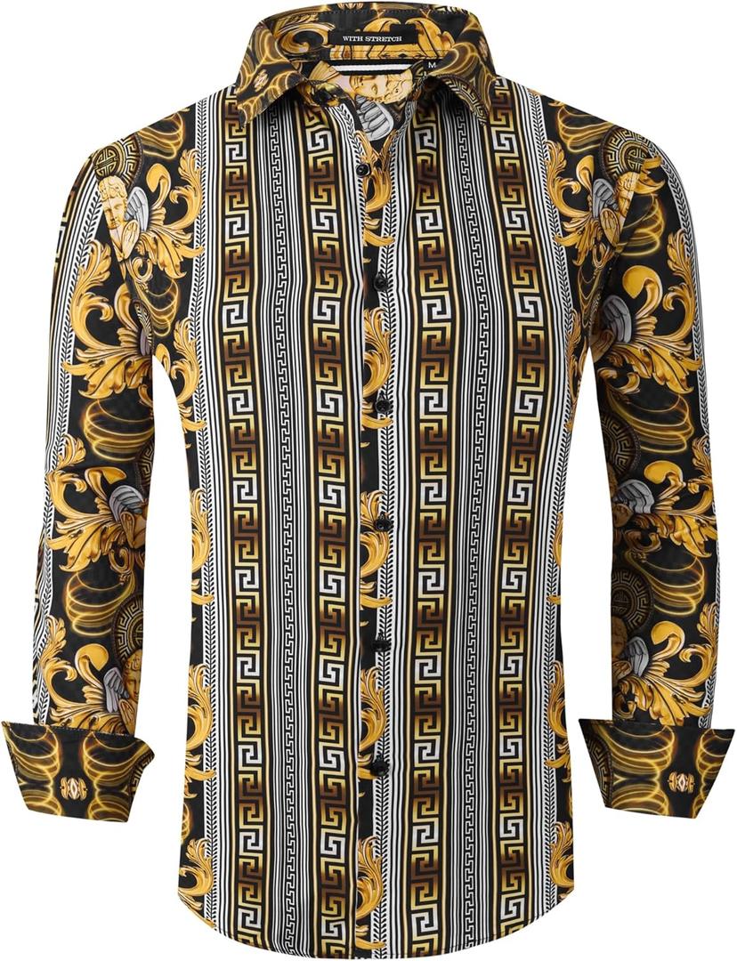 Alex Vando Mens Digital Printing Dress Shirts Iron-Free Regular Fit Party Button Down Shirt (Large, 2637 Gold)