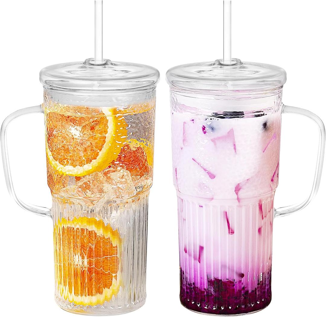 Glass Tumbler with Lids and Straws 2Pack 20oz Glass Cup with Handle-Wide Mouth Ice Coffee Cup Borosilicate Drinking Glasses for Smoothie Drinks