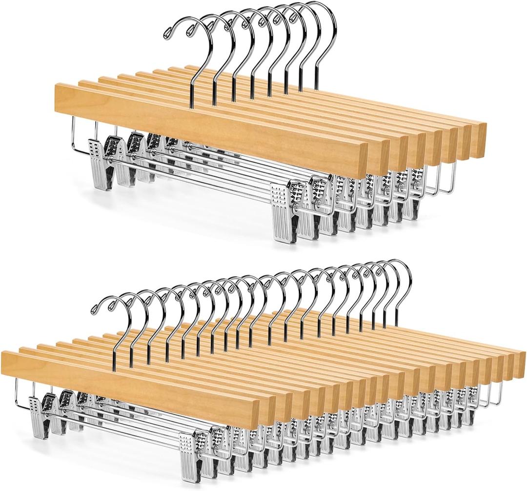 Nature Smile Deluxe Wooden Pants Hangers,Solid Lotus Wood Jeans Skirt Hanger with Clips Anti-Rust Hook Pack of 28（Natural）
