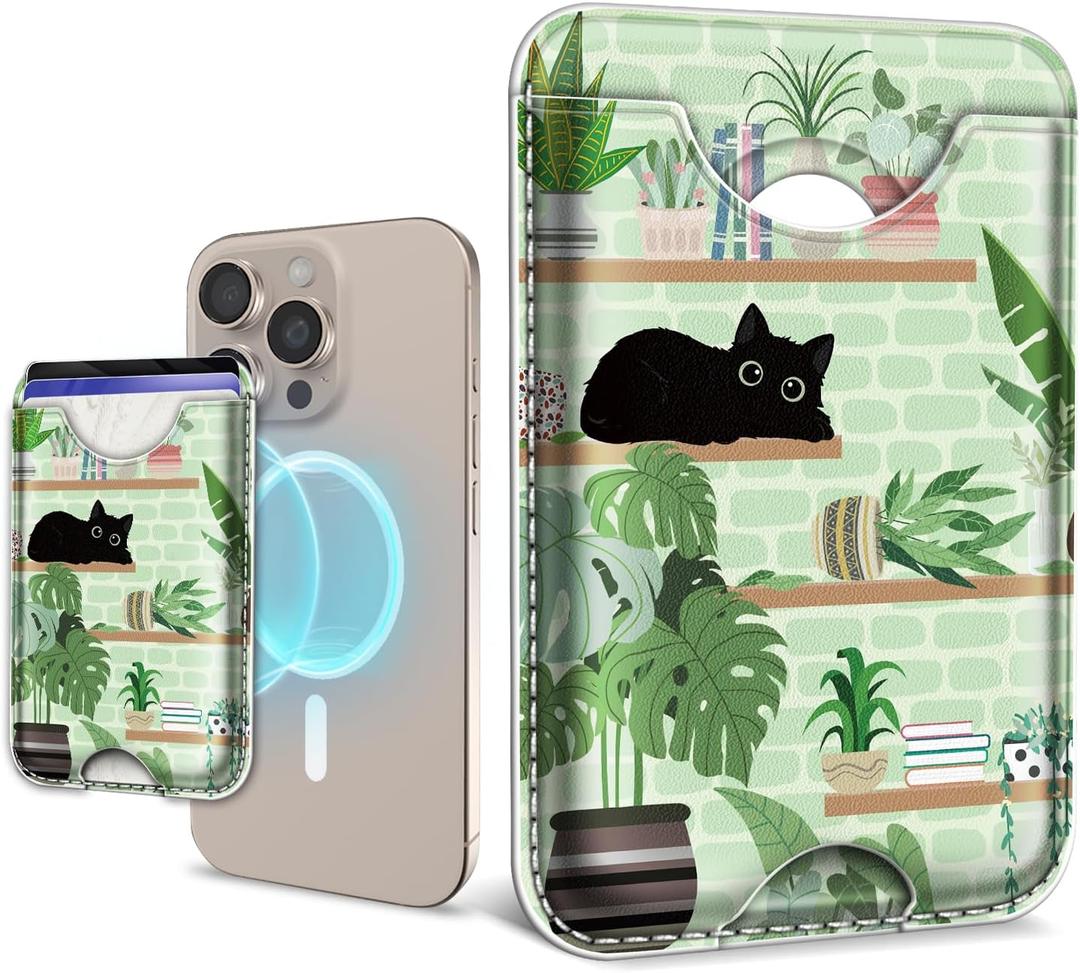 for Magsafe Magnetic Phone Wallet, Cat Magnetic Credit Card Holder Case, Tropical Leaf Slim RFID Vegan Leather Magnet Wallet Women, Stick on Back for iPhone 16 15 14 13 12 Pro Promax, 3 Cards