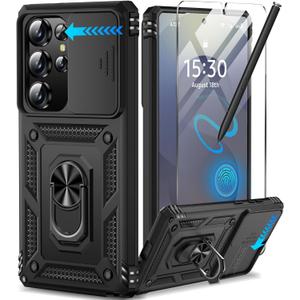 Taisairu for Samsung Galaxy S25 Ultra Case with Screen Protector & Slide Camera Lens Cover, Built-in Magnetic Ring Stand Shockproof Protective Phone Case for Samsung S25 Ultra Case (Black)