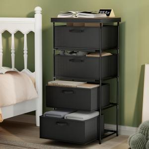 Dresser with 4 Fabric Drawer Solid Wood TV Stand Desktop Sturdy Metal Support Tube Cube Storage Cabinet for Bedroom Organization Dorm Front Hall Entryway