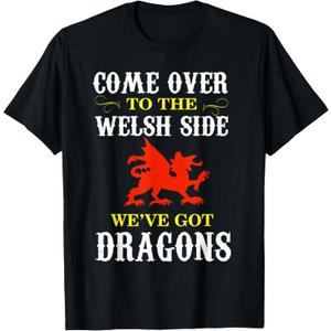 2 Pcs Come Over to The Welsh Side Wales Dragon T-Shirt, S, Black & Red