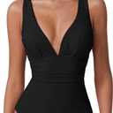 QINSEN One Piece Bathing Suit for Women Tummy Control V Neck Swimsuit High Waist Monokini, Black, Medium