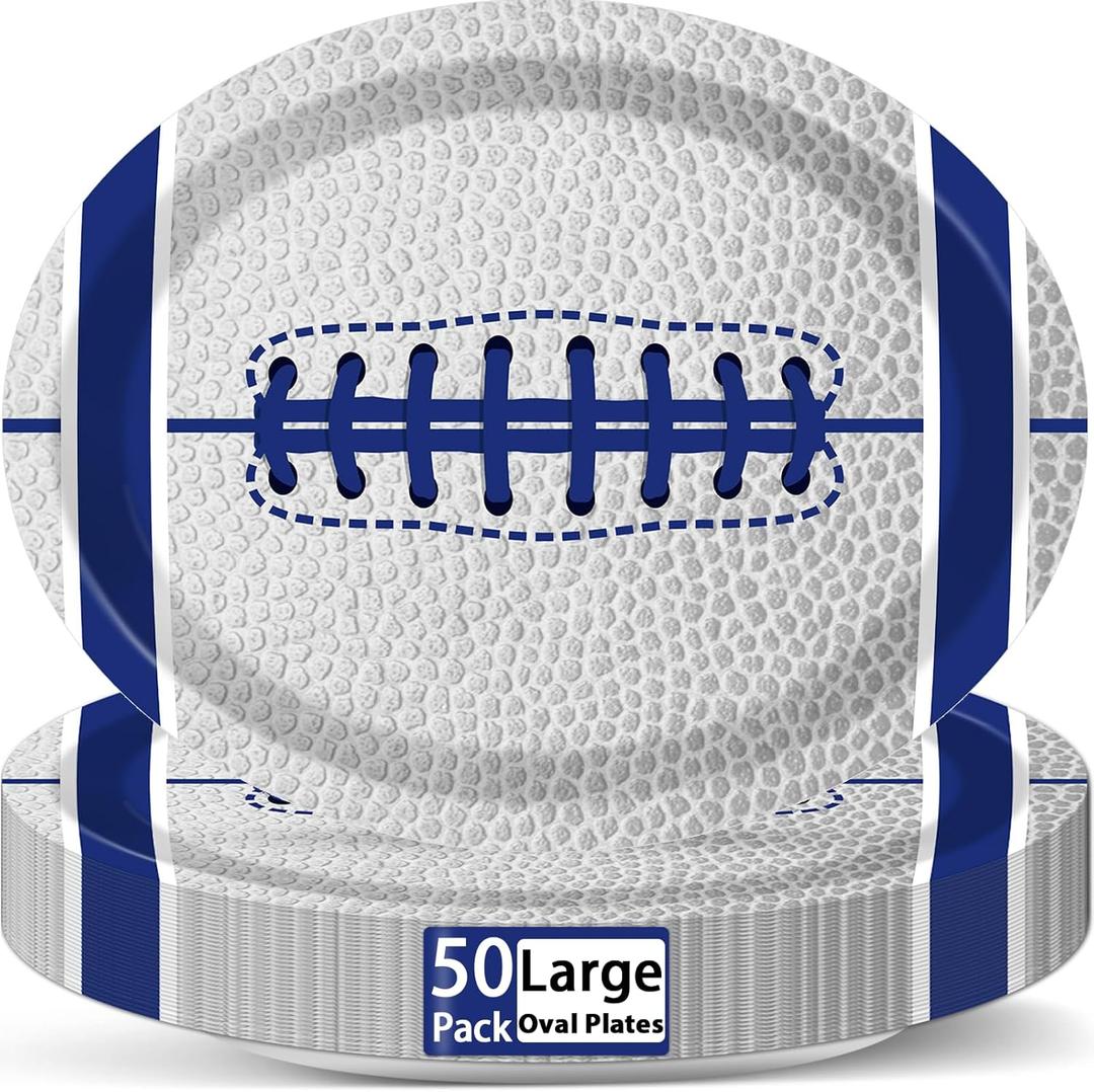 Qyeahkj 50Pcs Football Oval Paper Plates Large 11 Disposable Cowboys Party Decorations Sport Theme Party Dish Supplies Favor for Football Team Fans Tableware Set