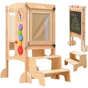 Toddler Tower Foldable Toddler Kitchen Stool Helper with 2 Step Stool, Safety Net, Adjustable Height, Chalk-Whiteboard& Montessori Activity Games