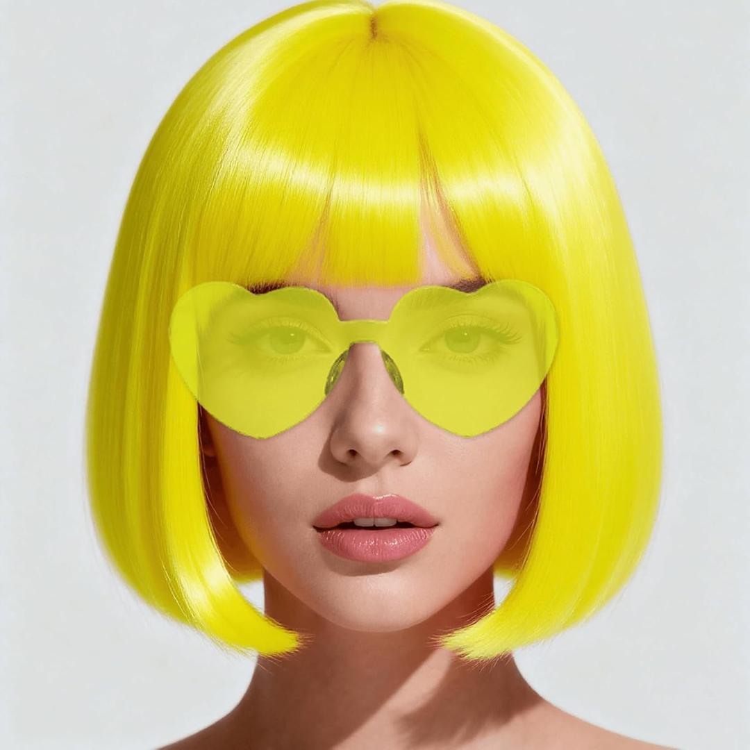 Short Bob Wigs with Heart Sunglasses and Hair Cap  Set of 3 | Colorful Colored Neon Wig Funny Cosplay Hairpieces for Halloween Party Costume (Yellow)
