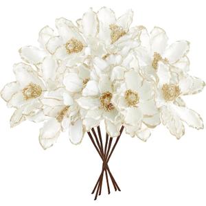 Sggvecsy 10Pcs Christmas Glitter Flowers Christmas Tree Ornaments Artificial Poinsettia Flower Velvet Magnolia Stems Floral Picks for Xmas Wedding DIY Crafts Wreath Party Floral Decorations (White)
