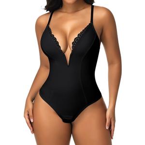 SHAPERIN Women's Lace Deep V Neck Cami Bodysuit Plunge Tummy Control Shapewear Thong Body Suits Double Lined Body Shaper (Small, Black)