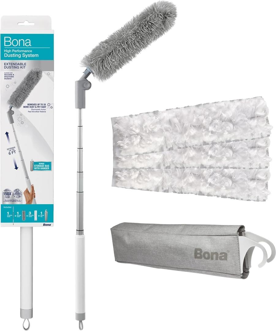 Bona High Performance Dusting System - 1 Extendable Handle, 3 Disposable Dusters, 1 Reusable Duster, & 1 Storage Bag - Extendable Dusting Kit, White 