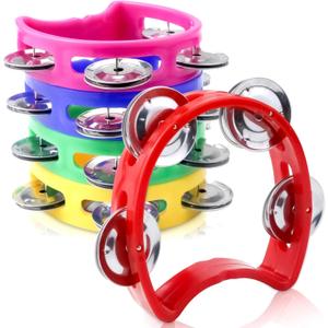 Vmiapxo 4 Pack Colored Tamborines for Kids, Plastic Hand-held Tambourines with 4 Jingle Bells, Mini Percussion Rhythm Musical Instrument for School, Party