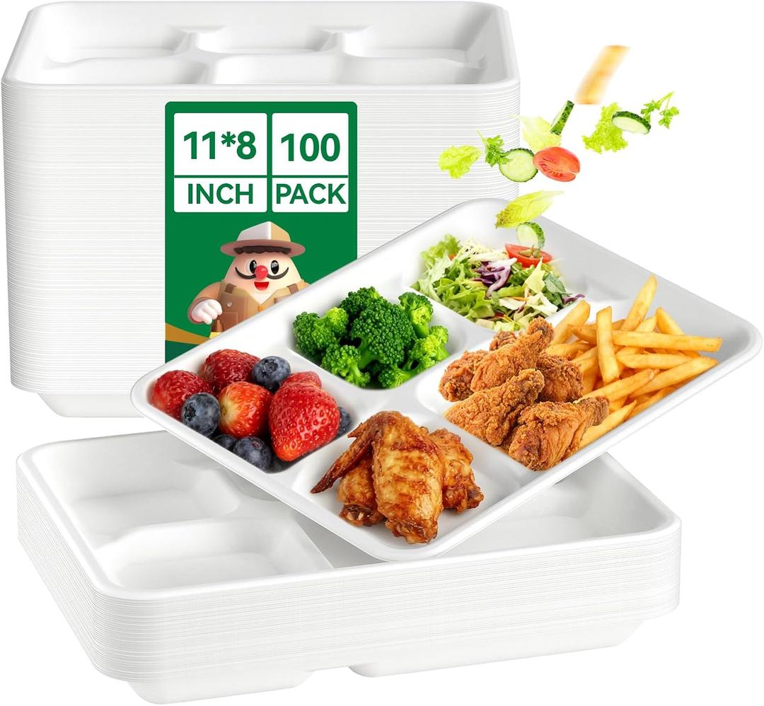 JOLLY CHEF Compostable  Compartment Paper Plates  *   [ ] Heavy Duty White Divided Disposable Plate Eco-Friendly Biodegradable Food Tray for Party Lunch Dinner Christmas (11*8in-100pack)