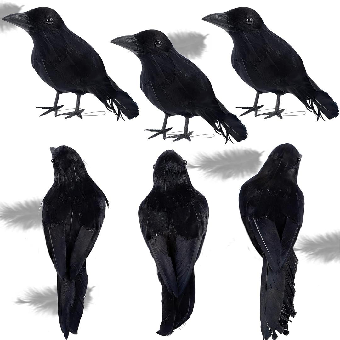 ATDAWN 6 Pack Halloween Black Feathered Crows, Realistic Halloween Birds Decoration for Spooky Decor