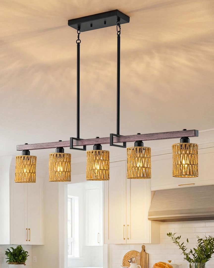 5-Light harmhouse Kitchen Island Light Fixture, Linear Chandelier for Dining Room, 5-Light Rustic Pendant Light Over Table, Handmade Woven Farmhouse Wicker Chandelier, 30x15x30 inches
