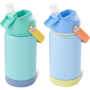 12oz Kids Water Bottle 2 Pack, Stainless Steel Insulated Water Bottle For Kids, Toddler Cup With Straws Leak-proof, Kids Water Bottles For School Boys Girls, BPA Free, Twilight Green+Sky 2-piece set