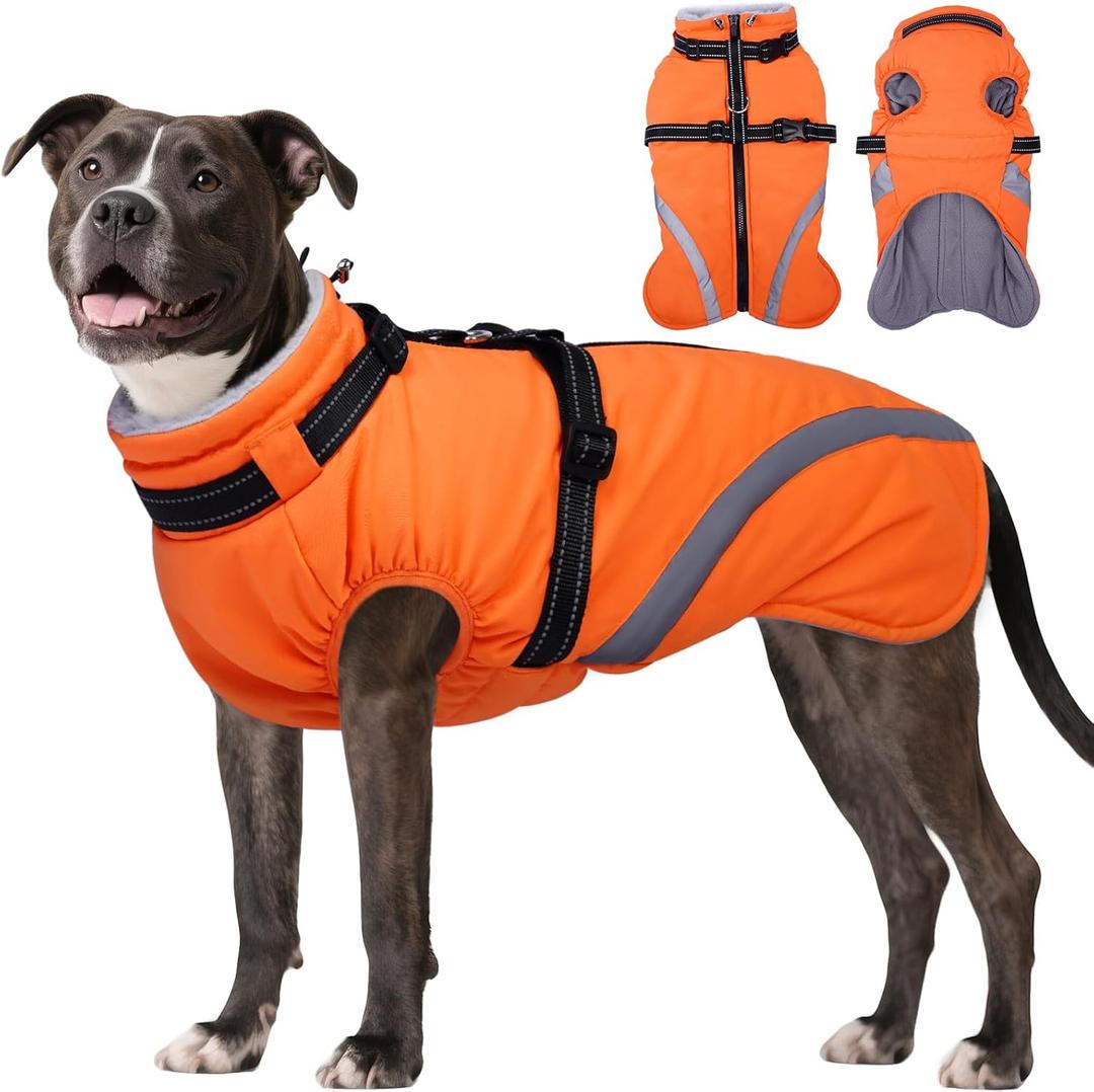 BRKURLEG Dog Winter Jackets for Medium Dogs, Dog Coat with Harness Built in, Dogs Snowsuits with Zipper, Waterproof Windproof Pet Puffer Jacket Fleece Vest for Pug, French Bulldog, Orange M