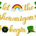 2 x 3pcs St Patricks Day Decorations Banner Pre-Assembled Gold Glitter Let the Shenanigans Begin Hanging Banners Irish Lucky Shamrocks Pot Hat Garlands Sign for Party Decorations