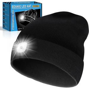 Valentines Day Gifts for Him, Beanie Hats with Light, USB Rechargeable LED Hand Free Headlamp, Birthday Gifts for Men, Women, and Teens, Ideal for Camping, Hiking, Black