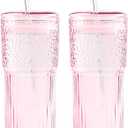GOSCHE Glass Coffee Cups with Lids and Straws, 20oz Drinking Jar Glass Tumbler for Iced Coffee, Vintage Ripple Glassware Smoothie Cups, Pink, 2Pcs
