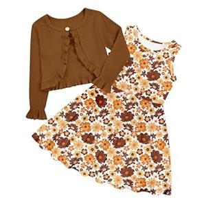 Girl Dress Size 7 8 Girls Sleeveless Floral Dress for Kids Long Sleeve Cardigan Brown Sundress Kids Winter Fall Clothes Outfits Playwear