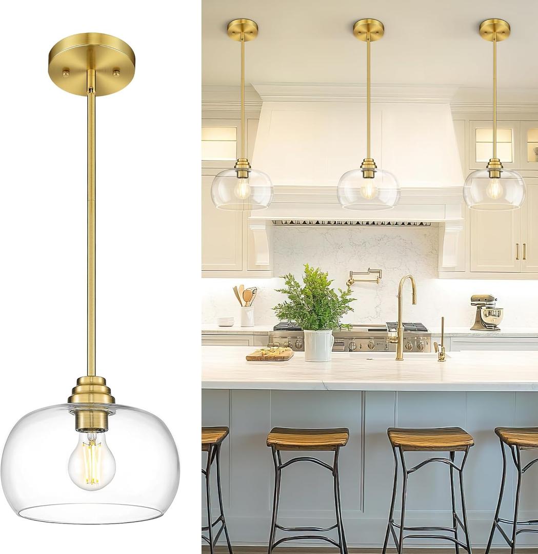 AUTELO Gold Pendant Lights, 1-Light Pendant Lights Kitchen Island in Brushed Gold Finish with Clear Glass, Vintage Pendant Light Fixtures, Gold Hanging Lights for Kitchen Island H9385 BG-R