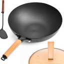 WANGYUANJI Carbon Steel Wok Pan with Glass Lid, 12.6" Flat Bottom Stir Fry Pan for Induction, Electric & Gas Stoves, Nitrided Uncoated Iron Skillet, 3-4 People