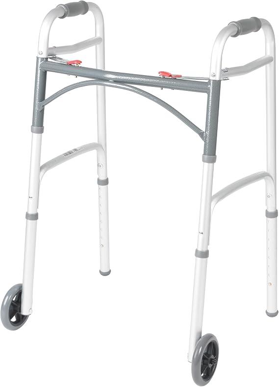 Drive Medical Two-Button Folding Walker with Wheels, Height Adjustable
Two-Button Rolling Walker Features Dual Push-Button Operation, Adjustable Height and Durable Aluminum Frame