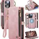 Defencase for iPhone 15 Pro Max Magnetic Wallet Case Compatible with Magsafe with RFID Blocking Zipper Strap Card Holder for Women, PU Leather Detachable Case for iPhone 15 Pro Max (6.7"), Rose Pink