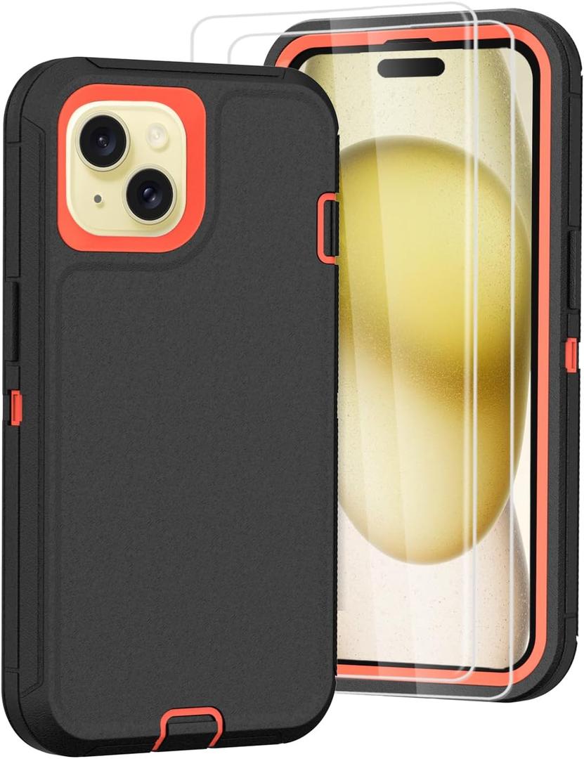 Tall silver for iPhone 15 Case with [2 Screen Protector ], Military Grade Shockproof Heavy Duty Drop Protection Rugged Case 6.1"(Darkgray Orange)