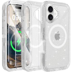 Compatible with iPhone 16 Case with Screen Protector, Shockproof, Compatible with MagSafe, 3-Layer Drop Protection, Heavy Duty Magnetic Phone Case Cover, 6.1",