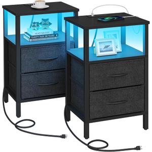 TUTOTAK LED End Table with Charging Station, Nightstand with Cloth Drawer, Side Table with Outletst, Set of 2, Couch Table, Black TB01BK068, 11"D x 15.4"W x 23.7"H