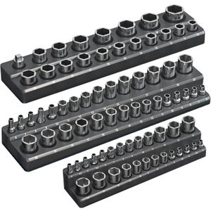 Magnetic Socket Organizer Holder Set 3-Piece Tool Organizers Including 1/4", 3/8" and 1/2" Drive Socket Holder Metric 68 Pieces Socket Trays (Sockets are not Included) Black