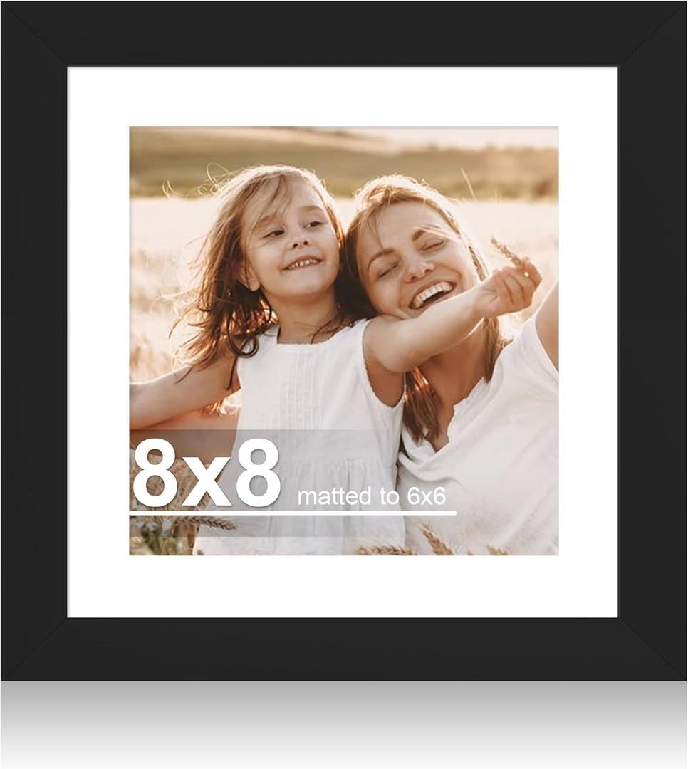 Hongkee 8x8 Picture Frame with Glass, Display Pictures 6x6 with Mat or 8 x 8 without Mat - Wall and Tabletop, 8 by 8 Photo Wooden Frames (Black, 1 Pack)
