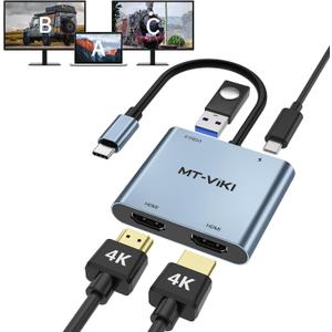 MT-VIKI 4K60HZ USB C Splitter Type-C on Dual HDMI Adapter 4 in 1 Supports W/PD 100W Charging Compatible for Windows MacBook etc. with USB 2.0