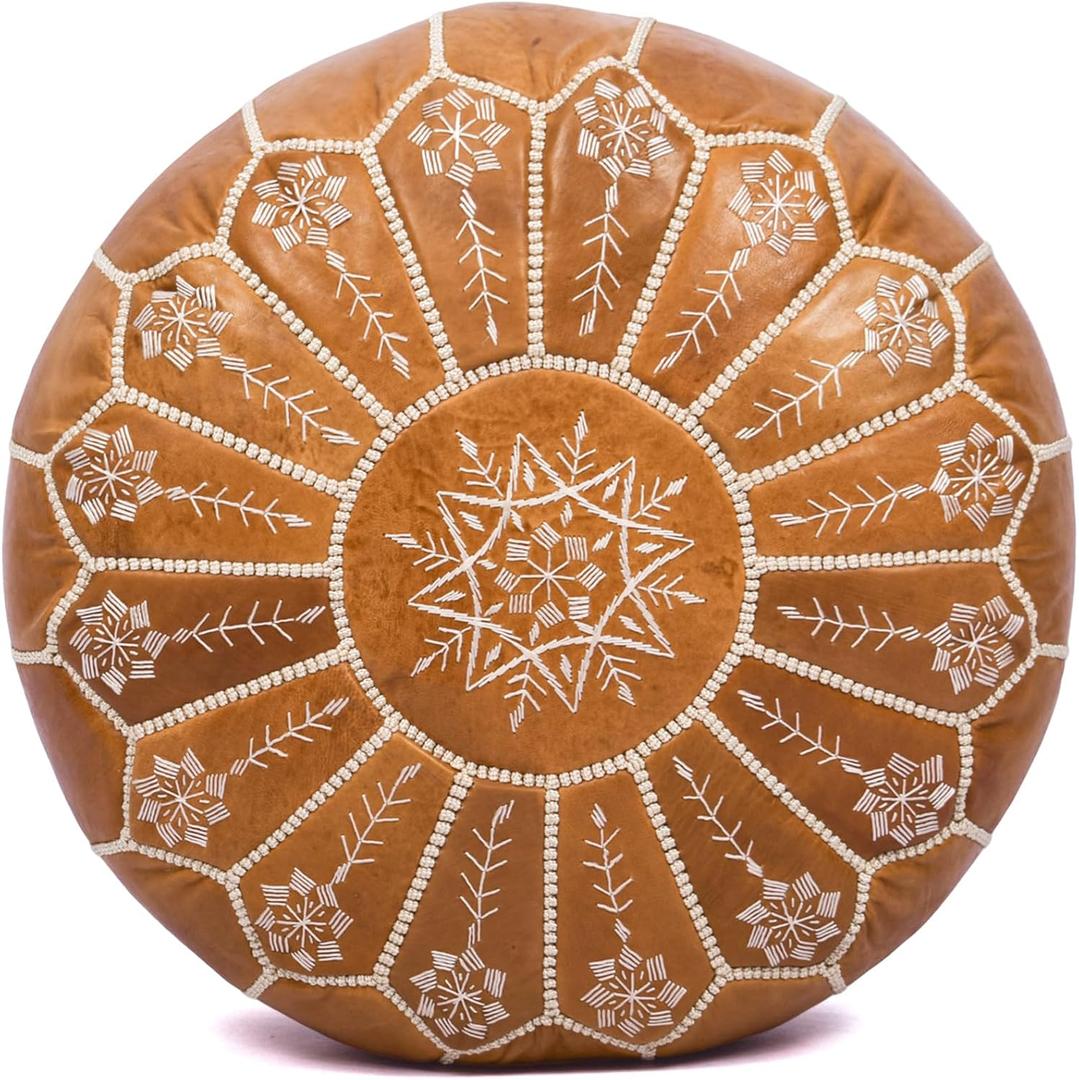 Moroccan Leather Handmade Pouf Ottoman Cover, Unstuffed Foot Stool, Round Boho Footrest for Living Room, Bedroom, Home Decor Gift (Brown By White)