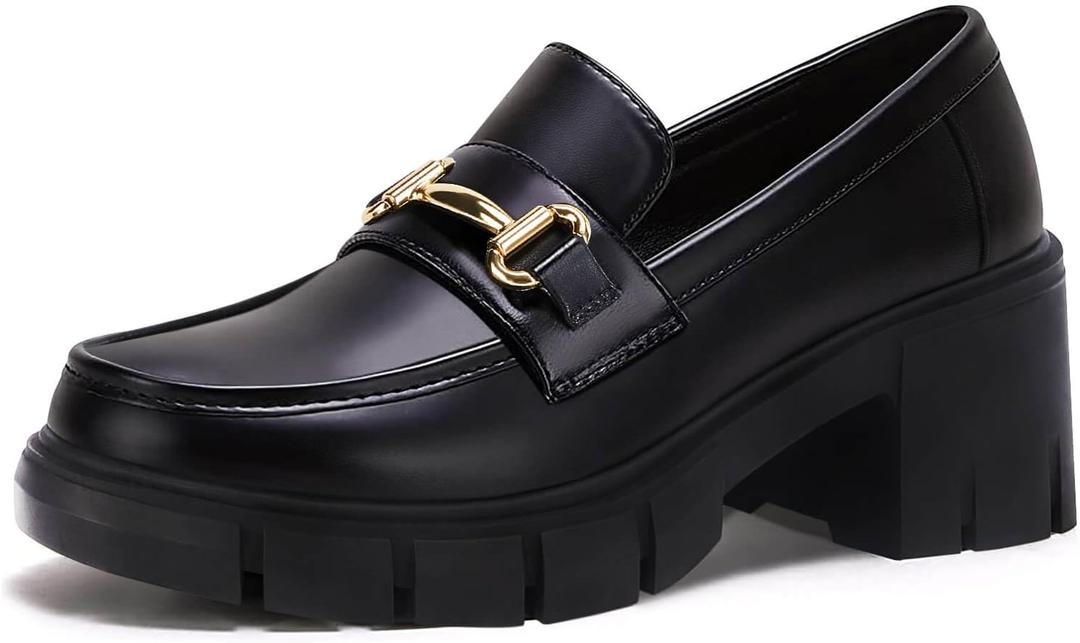 Coutgo Womens Chunky Platform Lug Sole Loafers Mid Heel Square Toe Dress Walking Work Shoes with Buckle Chain,Black, Size 7
