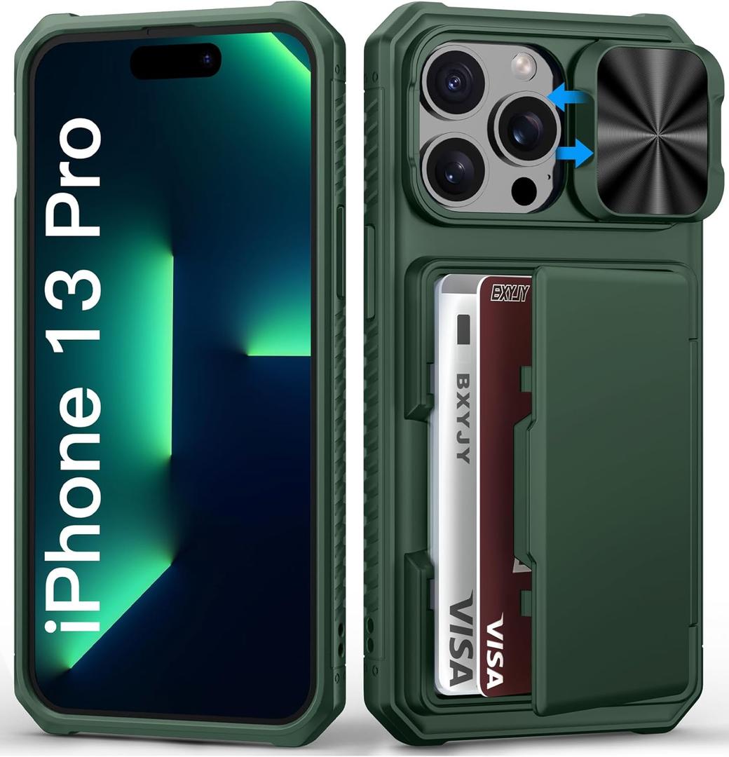 for iPhone 13 Pro Case with Camera Cover, Card Holder (4-5 Cards), Military Grade Drop, RFID Block, Rugged Shockproof Heavy Duty Women Men Phone Case for iPhone 13 Pro, Green