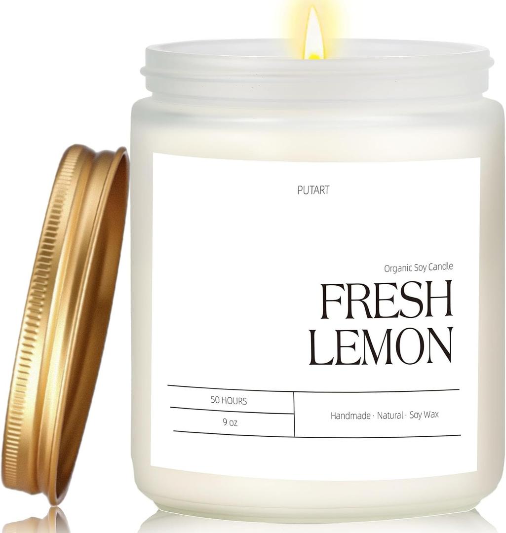 Fresh Lemon Highly Scented Candle for Home, 9oz Natural Soy Aromatherapy Non Toxic Candles with Essential Oil, Home Fragrance Stress Relief & Meditation Jar Candles Gifts for Women & Men, White