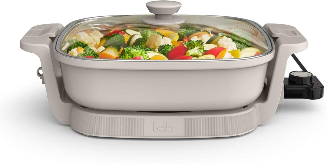 bella Make & Take Electric Skillet, Fits-anywhere kitchenware, EverGood Ceramic Coating, Adjustable Temperature & Dishwasher-Safe Tempered Glass Lid, Cast Aluminum Base, 1200 Watt, Oatmilk