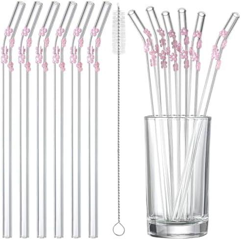 Honeydak 3Pcs Pink Cherry Blossoms Glass Straws with Charms Cute Reusable Straws Glass with Brush Flower Shaped Clear Drinking Sucker Spring Party Decor Bachelorette Decor Bridal Engagement Drinkware