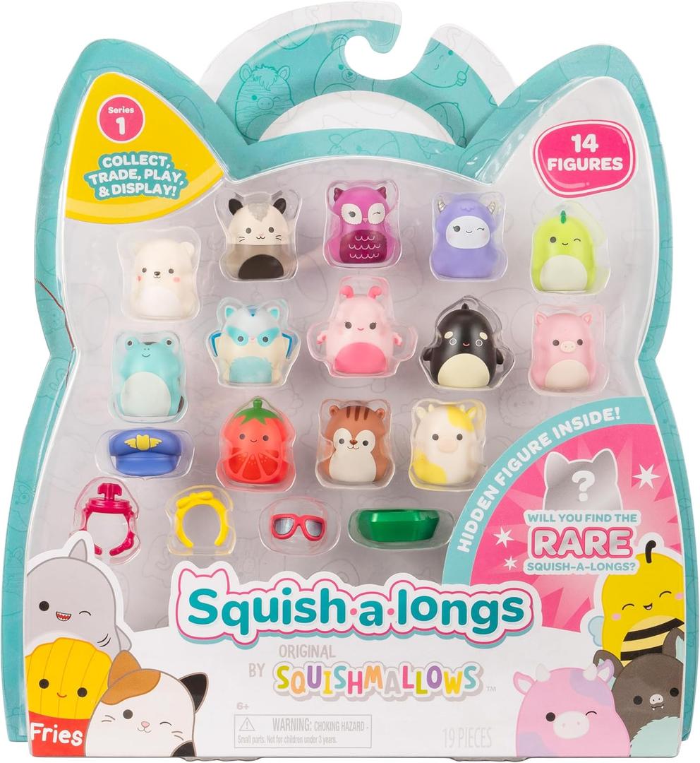 SQUISH-A-LONGS 14 Pack - 1 Mini-Squish with 4 Accessories, 1 Ring, and a Collectors Guide - Collect, Trade, & Play