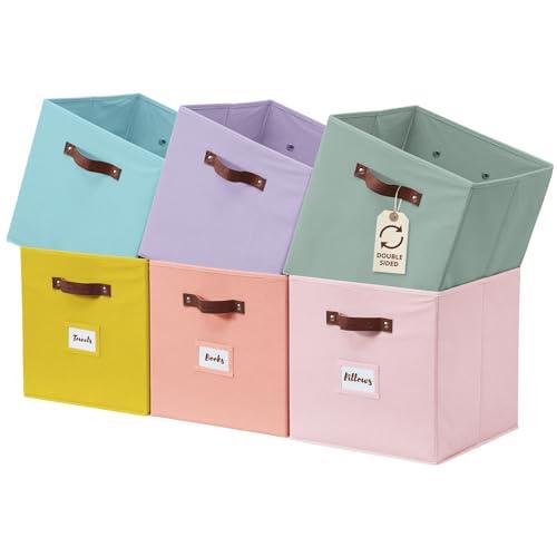DECOMOMO Storage Bins, Cube Storage Bin with Labels, Fabric Storage Cubes for Shelves (10.5" x 11" / 6pcs, Rainbow)