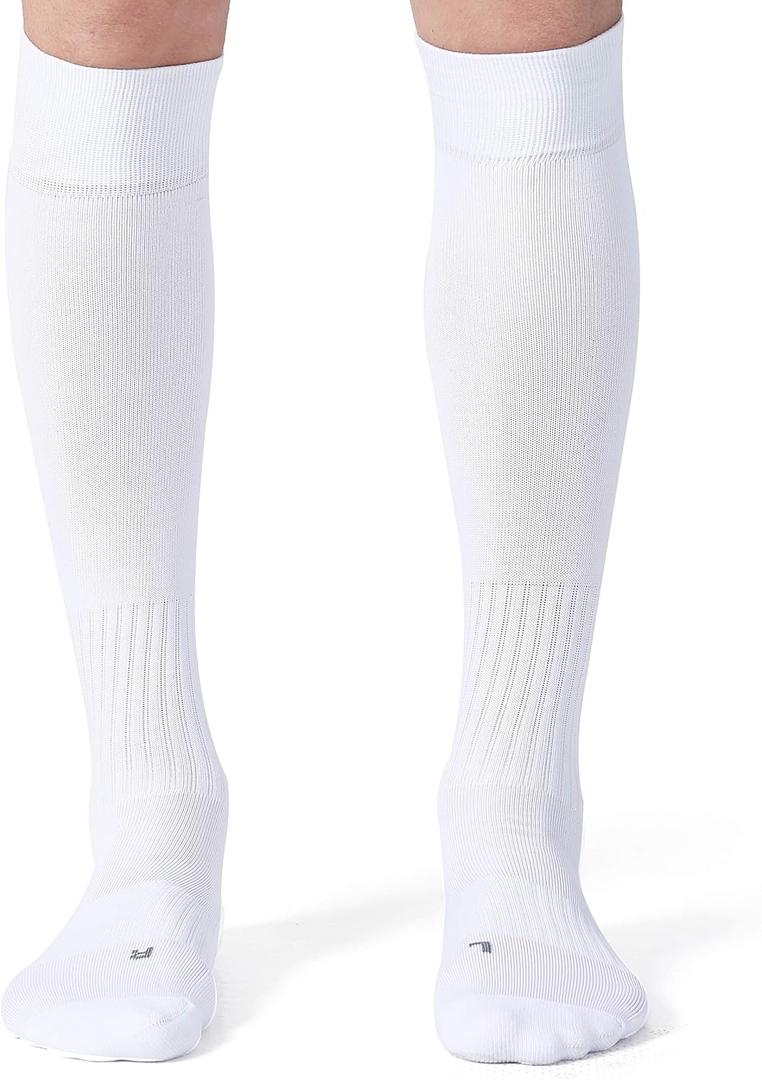 CelerSport 2 Pack Soccer Socks for Youth Kids Adult Over-The-Calf Socks with Cushion, White (2 Pack), Medium